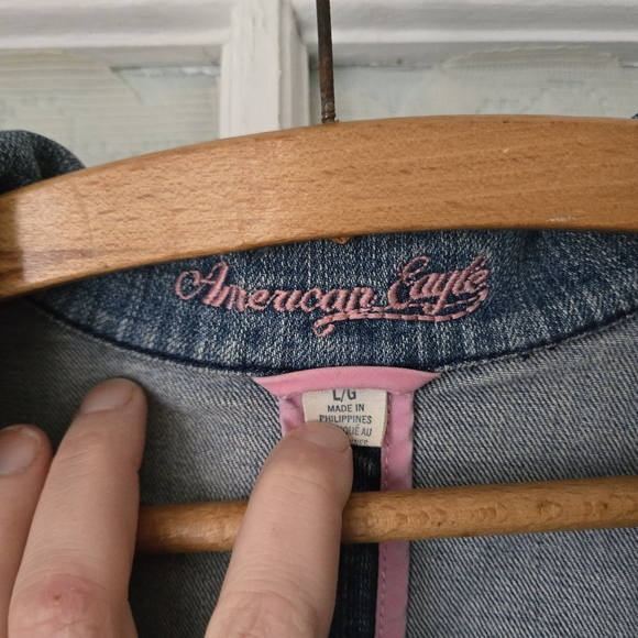 American Eagle Blue Denim Blazer Jacket Pink Trim L/G - Picture 5 of 5